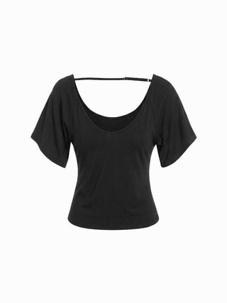Viscose Scoop Neck Backless Short Sleeve Top