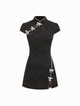 Jacquard Stand Collar Puff Sleeve Bowknot Split A-line Mini Dress