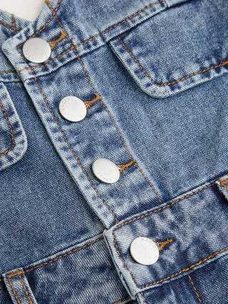 Denim V-Neck Button Front Metal Detail Jumpsuit