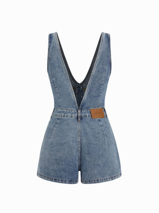 Denim V-Neck Button Front Metal Detail Jumpsuit