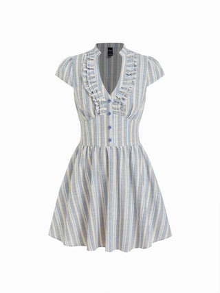 Striped V-neck Short Sleeve Ruffled A-line Mini Dress