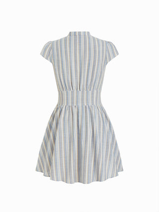 Striped V-neck Short Sleeve Ruffled A-line Mini Dress