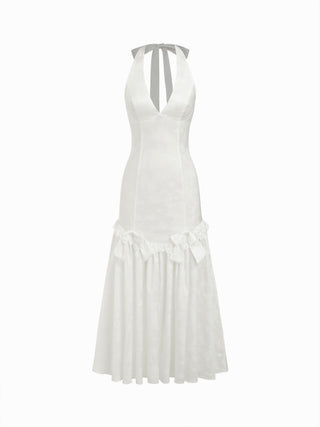 Summer Dress Summer Dresses Flowy Dresses Silky Soft Floral Satin Jacquard Satin Halter Neckline Bowknot Mermaid Maxi Dress For Party/Clubbing Wedding