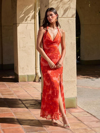 Floral Mesh Halter Neck Asymmetrical Split Mermaid Maxi Dress