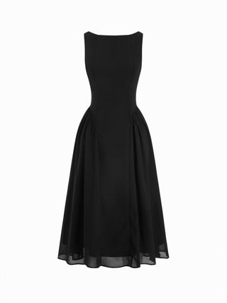 Chiffon Boat Neck Draped A-line Midi Dress