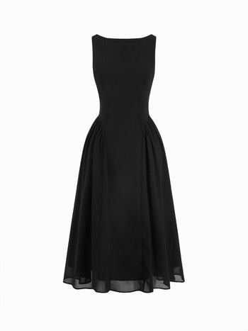 Chiffon Boat Neck Draped A-line Midi Dress
