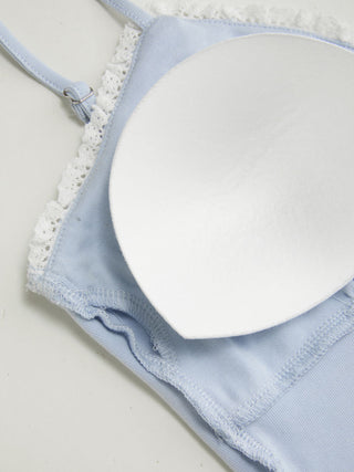 Cotton-blend V-neck Lace Trim Ruched Bowknot Cami Top