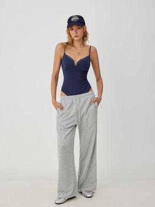 High Stretch V-neck Lace Trim Cami Bodysuit