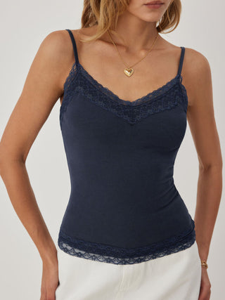 High Stretch Cotton-blend V-neck Lace Trim Cami Top
