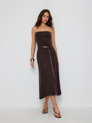Knit Bandeau A-line Maxi Flared Dress With Belt