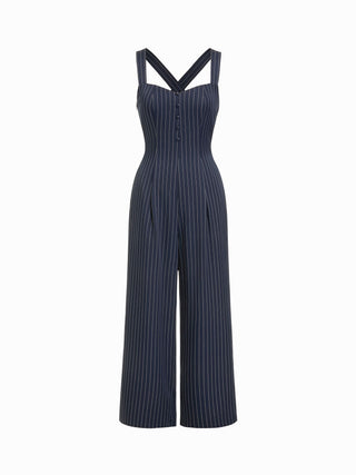 Woven Striped Sweetheart Neck Criss Cross Mid Rise Wide Leg Jumpsuit For Daily Casual Work
