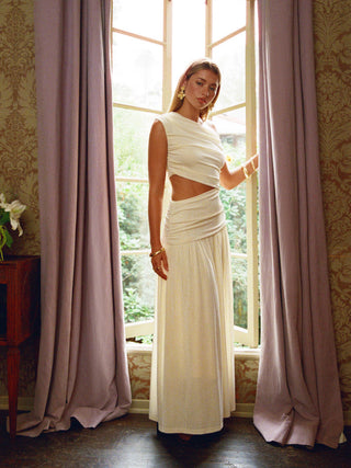 Asymmetrical Neck Ruched Waist Cutout High Stretch Bodycon Maxi Dress