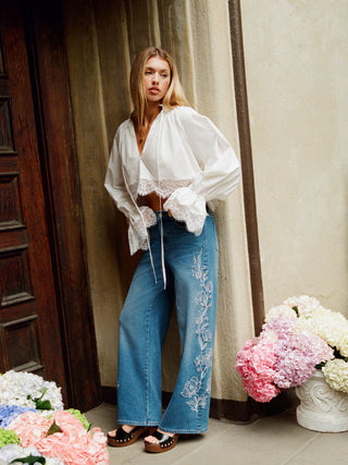 Denim Floral Embroidery Low Rise Straight Leg Jeans