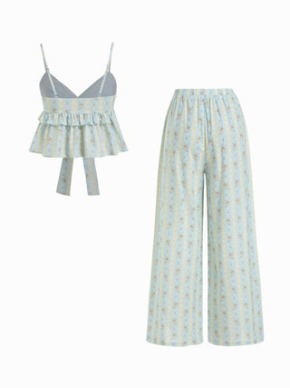 Summer Dress Summer Dresses Euro Summer beachwear swimsuits Woven Cotton-blend Floral Oversized Crop Top & High Rise Wide Leg Loungewear Set For Home Bedroom