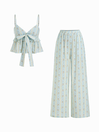 Summer Dress Summer Dresses Euro Summer beachwear swimsuits Woven Cotton-blend Floral Oversized Crop Top & High Rise Wide Leg Loungewear Set For Home Bedroom