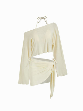 Halter Neckline Triangle Tie Side Bikini Set With Cover Up Set