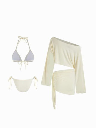 Halter Neckline Triangle Tie Side Bikini Set With Cover Up Set