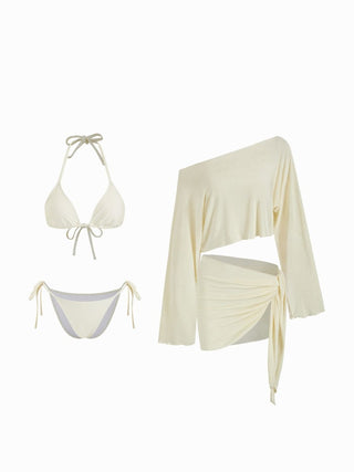 Halter Neckline Triangle Tie Side Bikini Set With Cover Up Set