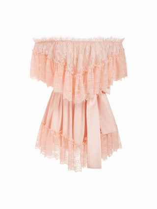 Satin Off-shoulder Lace Ruffle Belted A-line Mini Dress