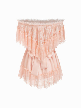 Satin Off-shoulder Lace Ruffle Belted A-line Mini Dress