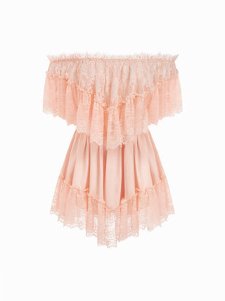 Satin Off-shoulder Lace Ruffle Belted A-line Mini Dress