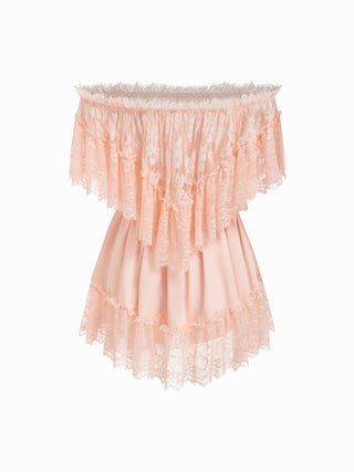 Satin Off-shoulder Lace Ruffle Belted A-line Mini Dress