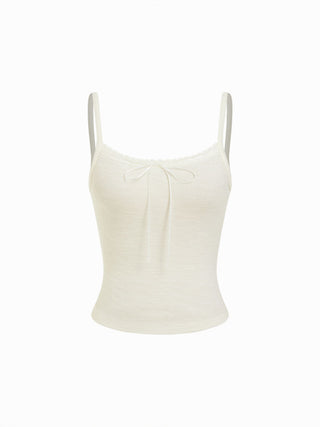 Cotton-blend Textured Scoop Neckline Lace Trim Bowknot Cami Top