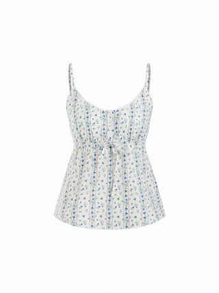 Cotton-blend Floral Scoop Neck Lace Trim Bowknot Oversized Cami Blouse