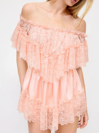 Satin Off-shoulder Lace Ruffle Belted A-line Mini Dress