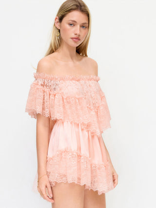 Satin Off-shoulder Lace Ruffle Belted A-line Mini Dress