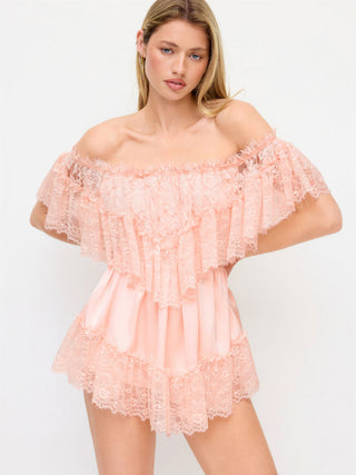 Satin Off-shoulder Lace Ruffle Belted A-line Mini Dress