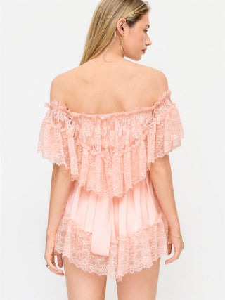 Satin Off-shoulder Lace Ruffle Belted A-line Mini Dress