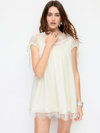 Chiffon Lace Trim Puff Sleeve Oversized Blouse