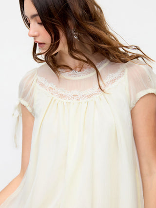 Chiffon Lace Trim Puff Sleeve Oversized Blouse