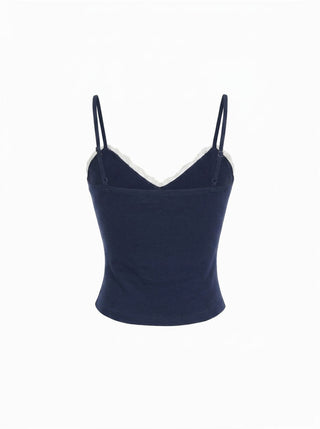 Cotton-blend V-neck Lace Trim Ruched Bowknot Cami Top
