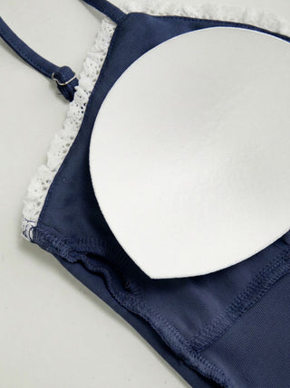 Cotton-blend V-neck Lace Trim Ruched Bowknot Cami Top