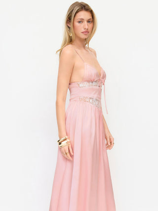 Satin Satin V-neck Lace Panel Mid Rise Maxi Slip Dress For Date Party/Clubbing