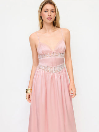 Satin Satin V-neck Lace Panel Mid Rise Maxi Slip Dress For Date Party/Clubbing