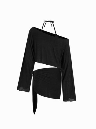 Halter Neckline Triangle Tie Side Bikini Set With Cover Up Set