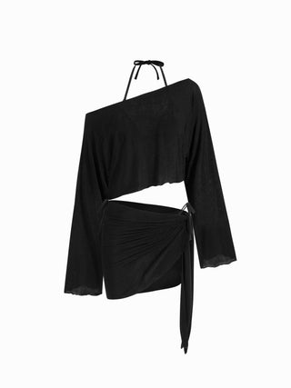 Halter Neckline Triangle Tie Side Bikini Set With Cover Up Set
