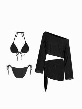 Halter Neckline Triangle Tie Side Bikini Set With Cover Up Set