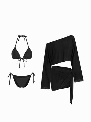 Halter Neckline Triangle Tie Side Bikini Set With Cover Up Set