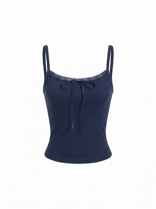 Cotton-blend Textured Scoop Neckline Lace Trim Bowknot Cami Top