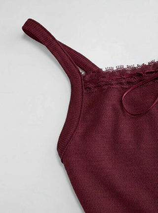 Cotton-blend Textured Scoop Neckline Lace Trim Bowknot Cami Top