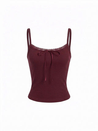 Cotton-blend Textured Scoop Neckline Lace Trim Bowknot Cami Top