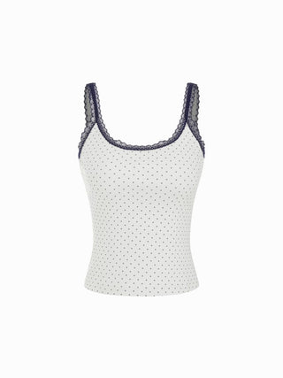 Cotton-blend Polka Dot Scoop Neckline Lace Trim Cami Top