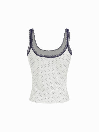 Cotton-blend Polka Dot Scoop Neckline Lace Trim Cami Top