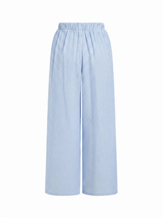 Woven Cotton-blend Boat Neck Wrap Top & Mid Rise Wide Leg Trousers Set For Daily Casual Coffee Shop