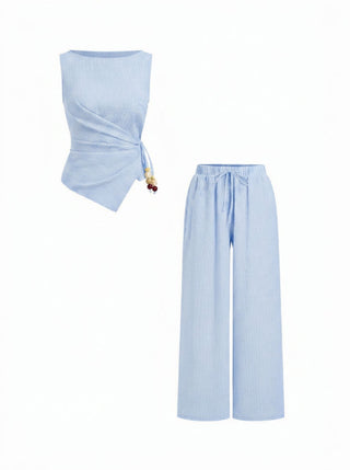 Woven Cotton-blend Boat Neck Wrap Top & Mid Rise Wide Leg Trousers Set For Daily Casual Coffee Shop