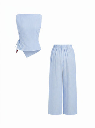 Woven Cotton-blend Boat Neck Wrap Top & Mid Rise Wide Leg Trousers Set For Daily Casual Coffee Shop